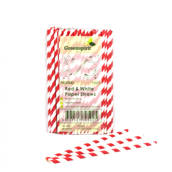 Greenspirit Red/White 3ply Paper Straws 6x197mm